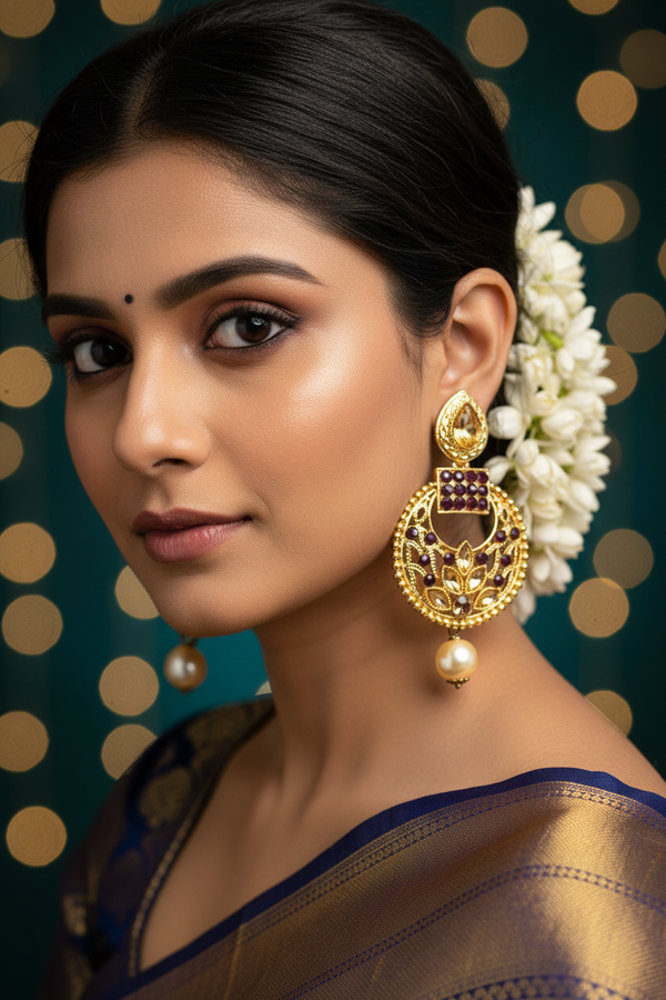 Chic Gold-Plated Earrings: Elegant Purple Stones & Beads, Stylish Closure
