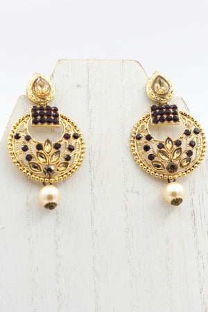 Chic Gold-Plated Earrings: Elegant Purple Stones & Beads, Stylish Closure