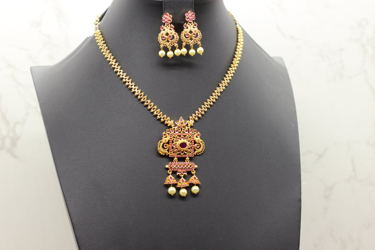 Chic Gold-Polish Chain & Earring Set with Stone and Bead Accents Jewelry JCS Fashions Pink 10"