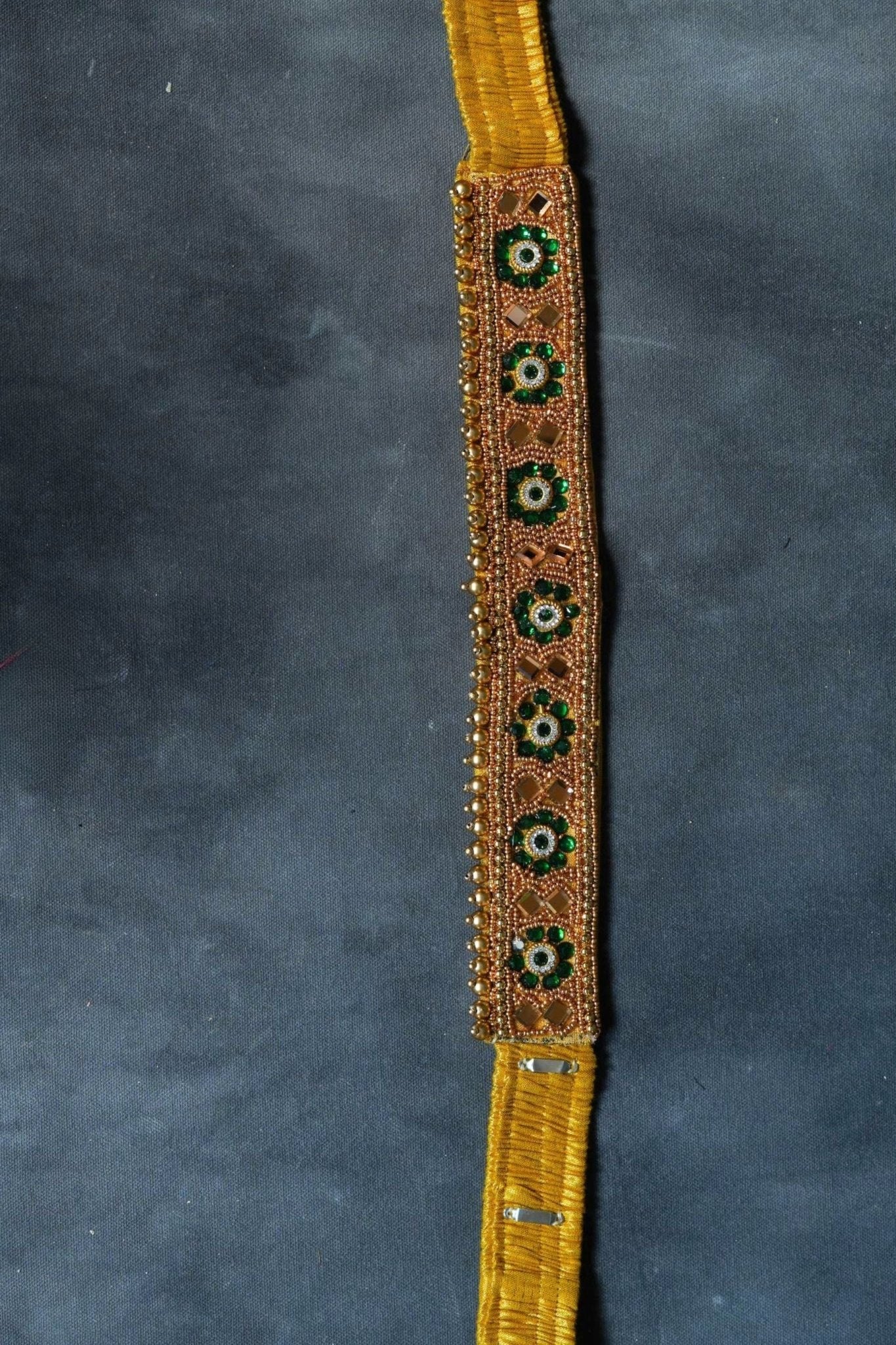 Chic Harmony: Aari Work Hip Belt with Green & White Stones |JCSFashions Hip Belt JCS Fashions Green