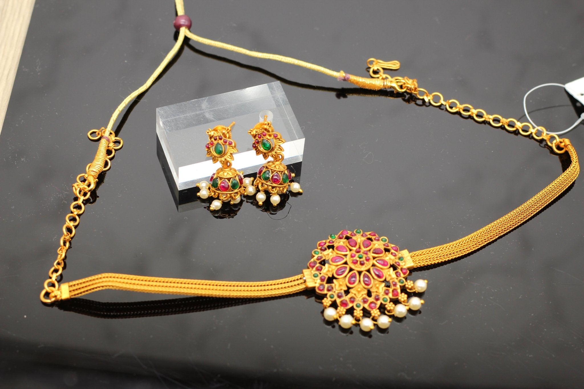 Chic Kemp Pendant and Jhumka Earring Set with Adjustable Choker Jewelry JCS Fashions Matte finish 7"