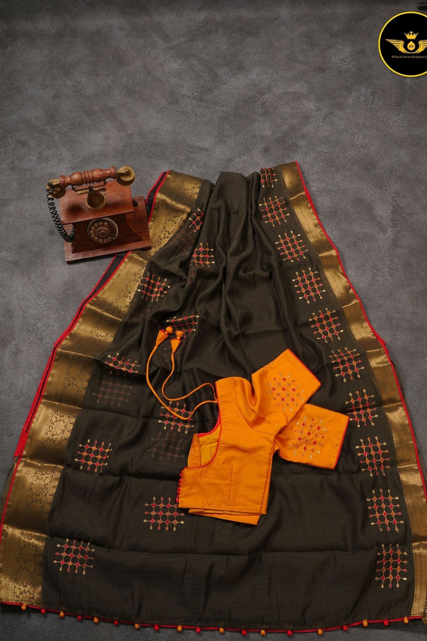 Chic Lenin Silk Embroidery Sarees: Gold Zari Weaving, Embroidery Blouse SAREE JCS Fashions