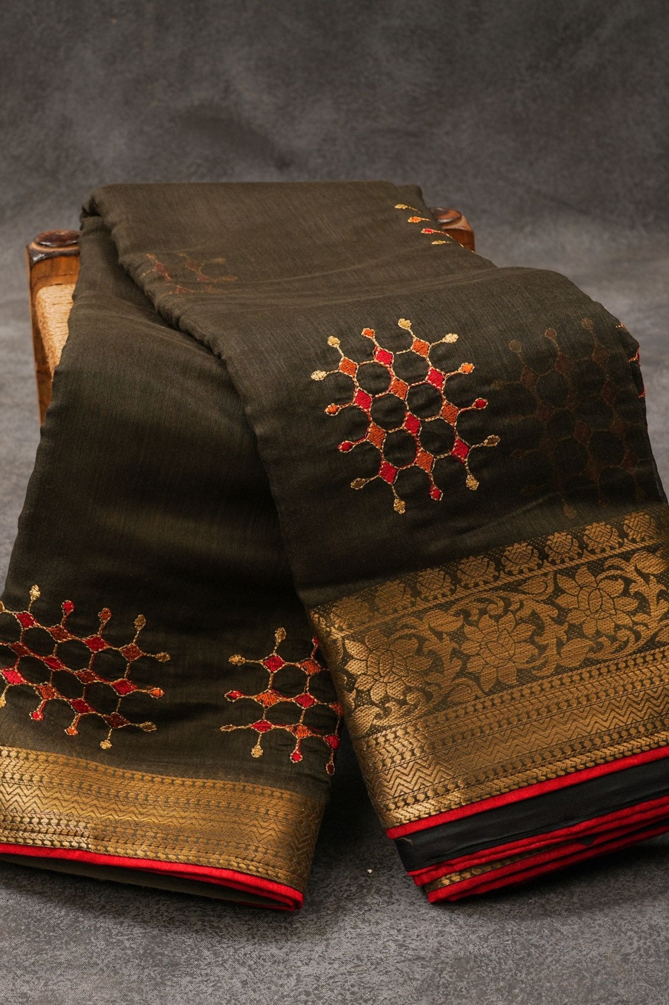 Chic Lenin Silk Embroidery Sarees: Gold Zari Weaving, Embroidery Blouse SAREE JCS Fashions Brown 5.5 Meters
