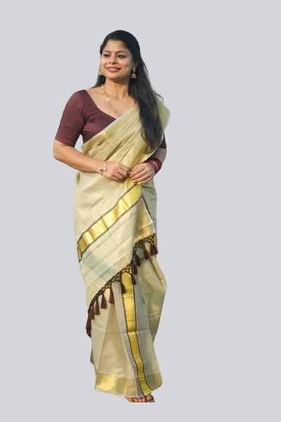 Chic Saree Onam Collection: Color Tissue Set Mundu with Tassel Detailing Saree JCS Fashions