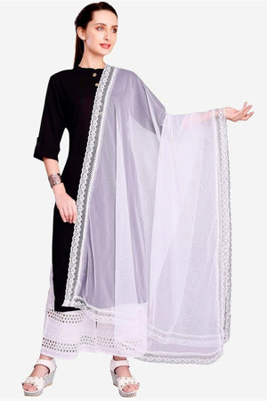 White Chiffon Dupatta - Lace Border, Elegant