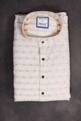 Chic White Hand-Woven Jacquard Men's Kurta for Weddings and Parties Men JCS Fashions