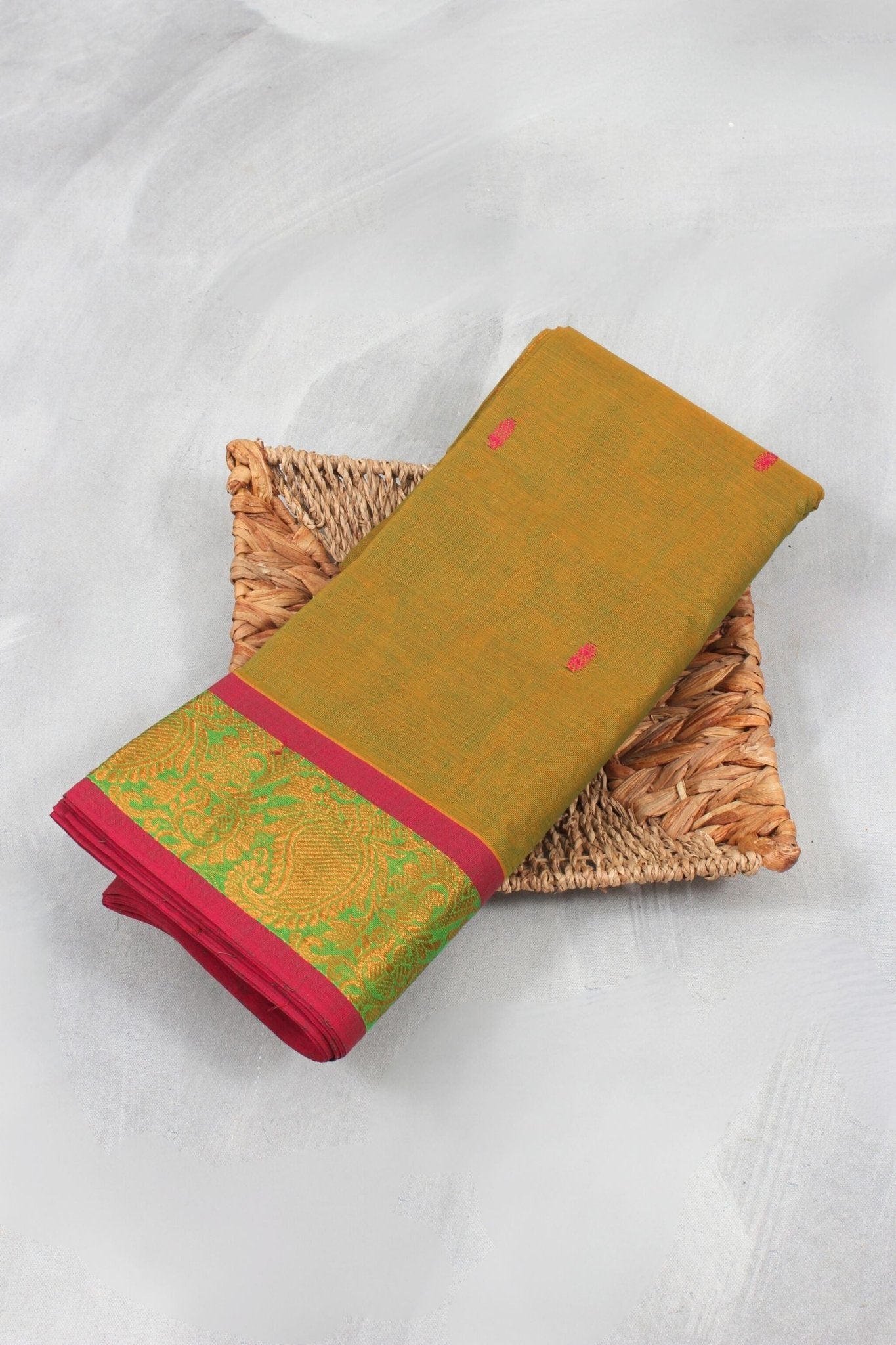 Classic Comfort Cotton Saree With Chic Lined Pallu – Blends Tradition Saree JCS Fashions Mehendi Green 5.5 meters