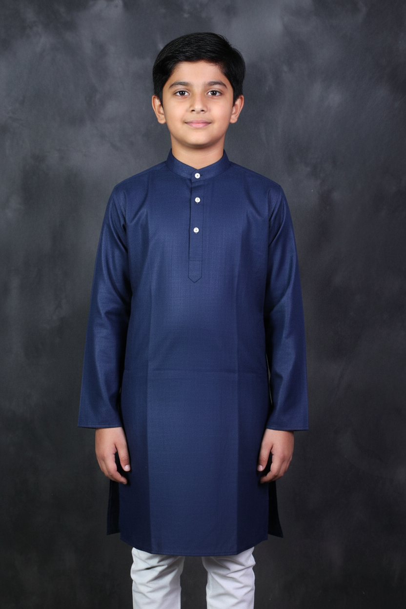 Boys' Navy Plain Cotton Kurta - Comfortable