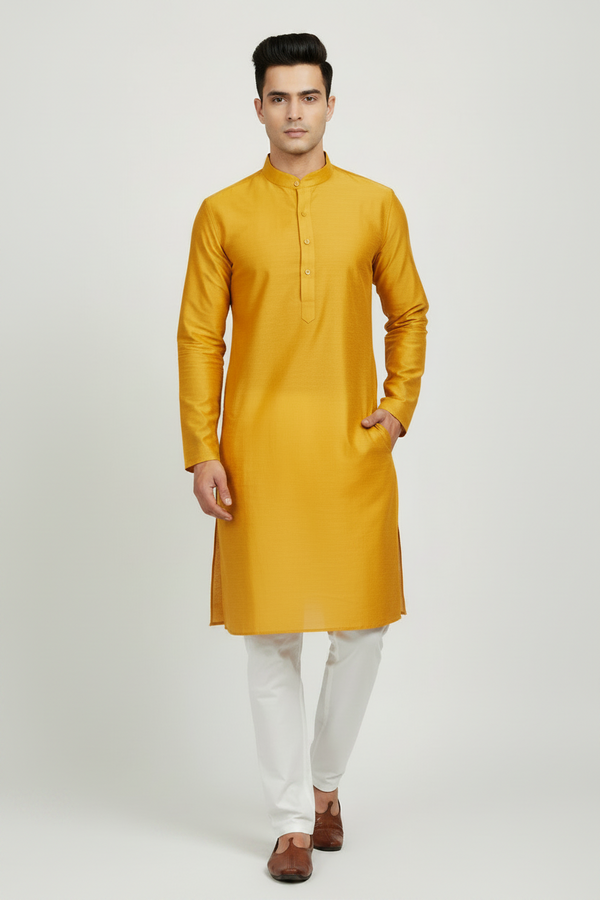 Men's Cotton Silk Kurta Pyjama - Yellow, Stitched