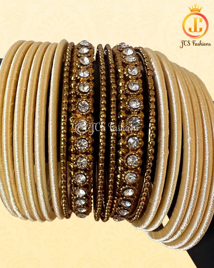 Cream Wedding Silk Thread Bangles with Stone Filler | Size: 2.2 Jewelry JCS Fashions Cream 2.20