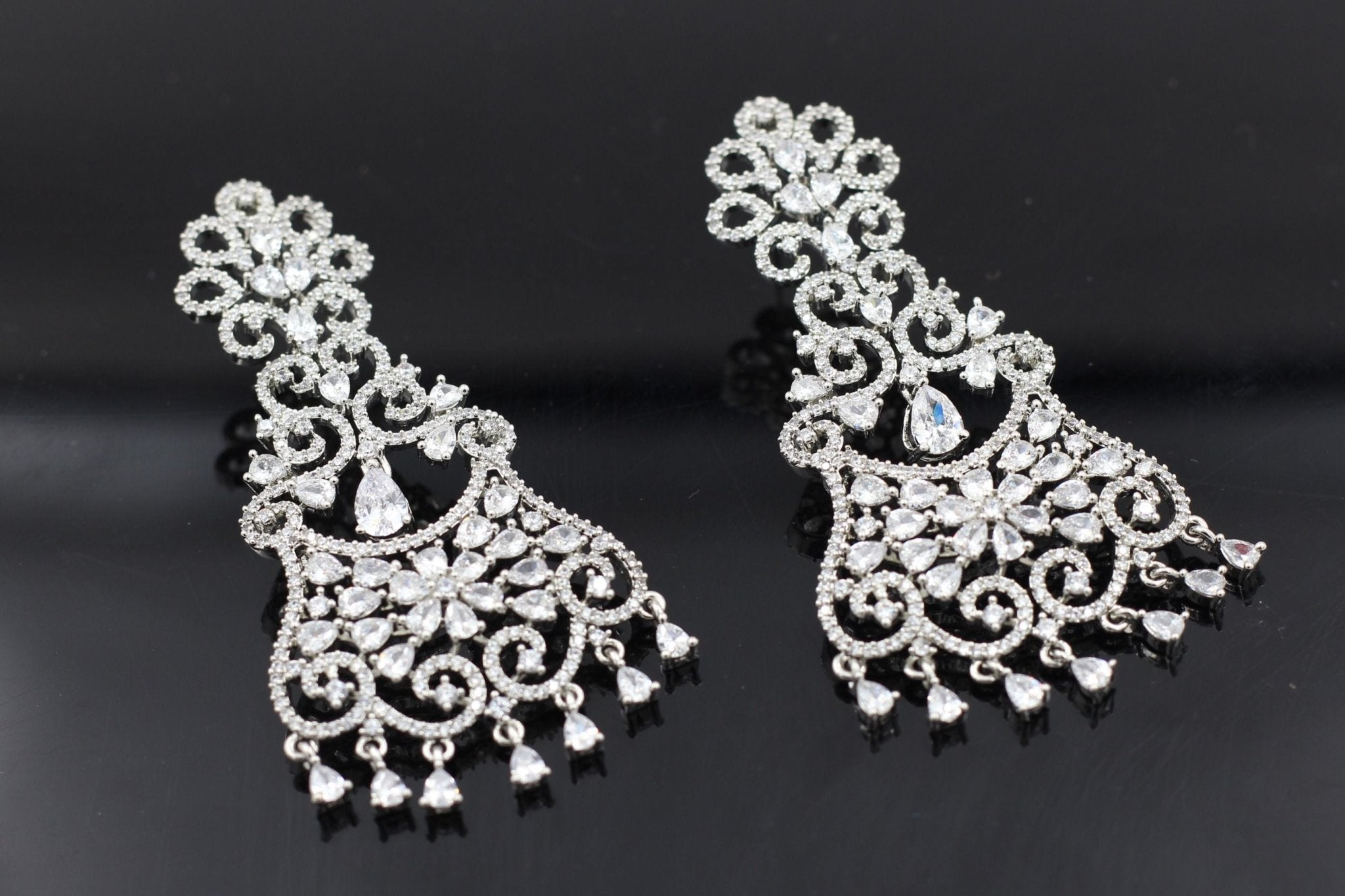 Dazzling 3" American Diamond White Stone Dangle Earrings - Secure Clasp Jewelry JCS Fashions