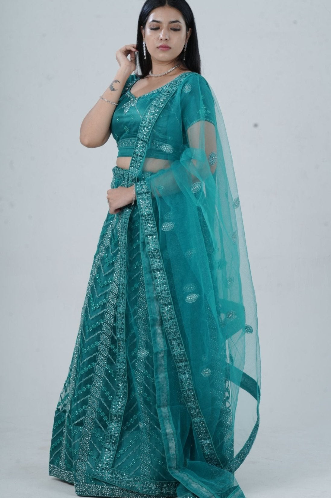 Dazzling Stone Work Designer Soft Net Lehenga with Crop Top LEHENGA JCS Fashions