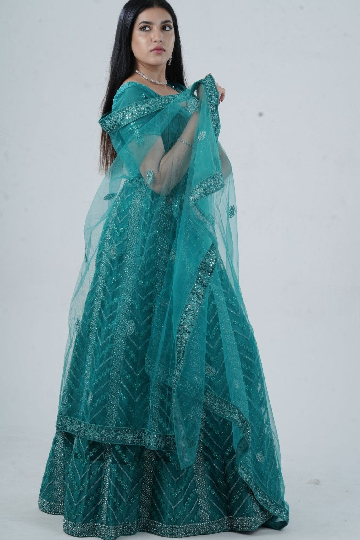 Dazzling Stone Work Designer Soft Net Lehenga with Crop Top LEHENGA JCS Fashions Bottle Green Large (40)