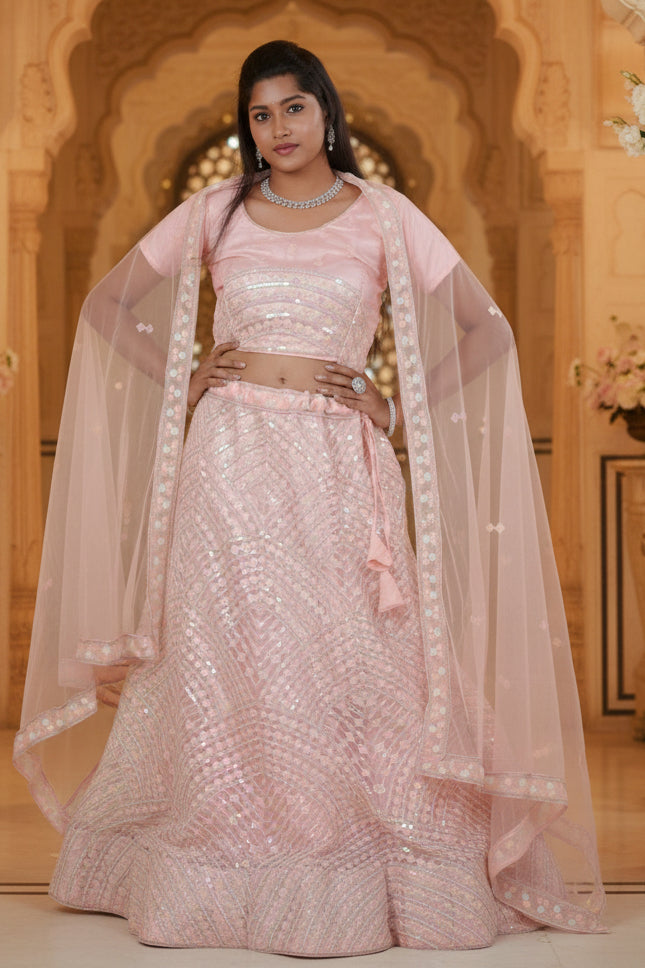 Designer A-line Lehenga with Sequin-Embellished Crop Top LEHENGA JCS Fashions Pink Large (40)