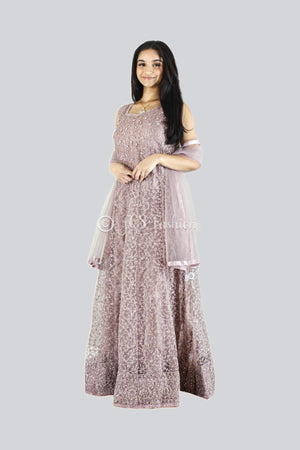 Purple A-Line Long Gown With Embroidery And Stone Work