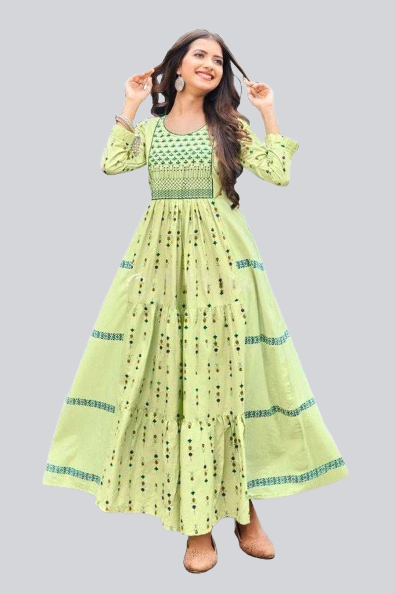 Designer Cotton Cambric Gown with Frill Detail & Neck Embroidery - JCS Fashions