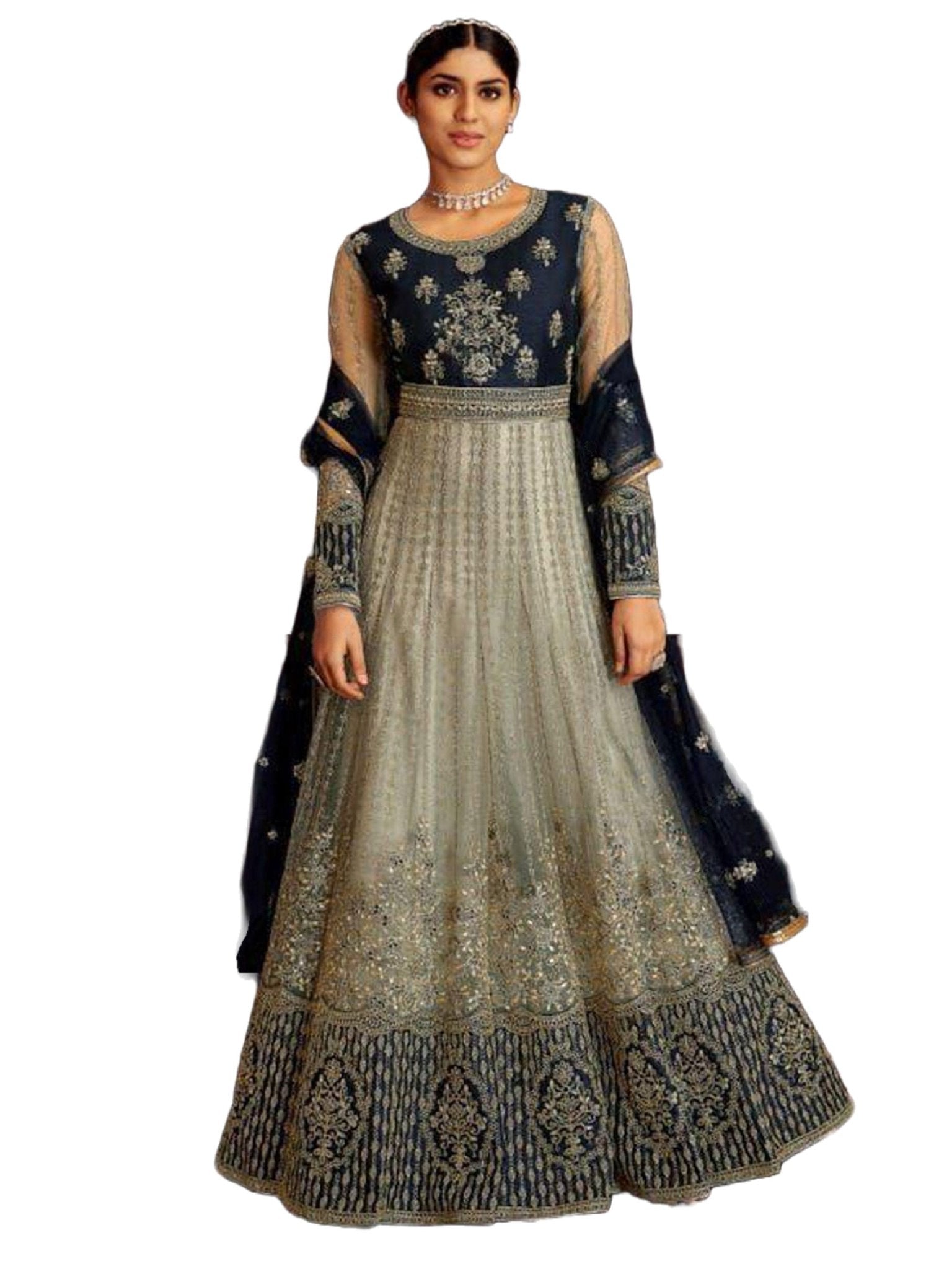 Designer Floor Length Gown in Blue and Grey - JCS Fashions