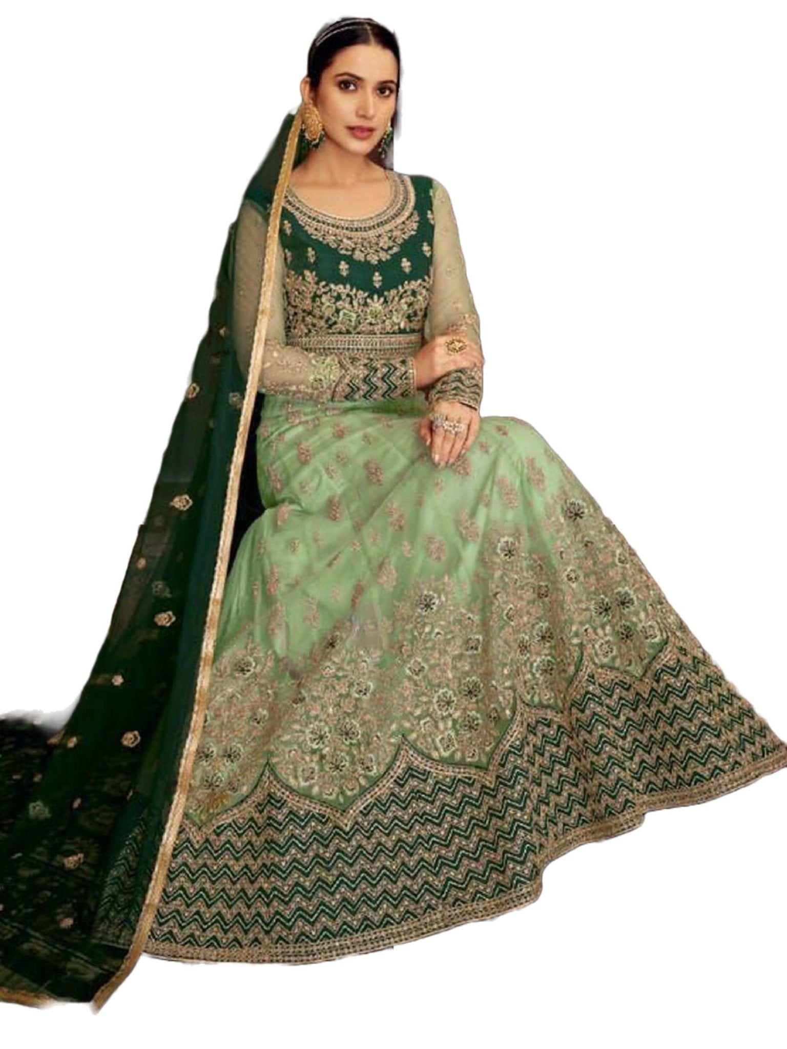 Designer net with embroidery work Floor length Gown | Green - JCS Fashions