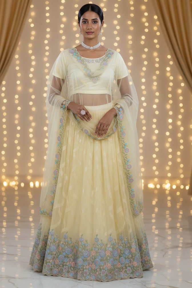 Designer Soft Net Lehenga & Crop Top With Stone and Sequins Work