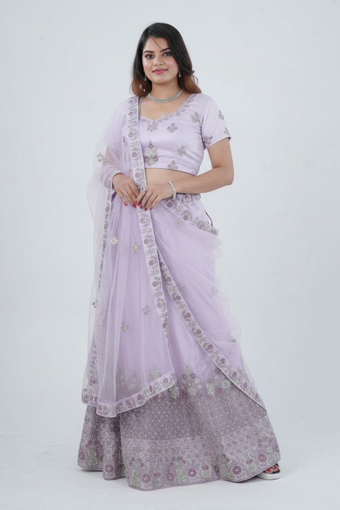 Lavender Soft Net Lehenga Set with Stone & Embroidery