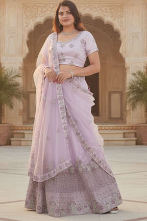 Lavender Soft Net Lehenga Set with Stone & Embroidery