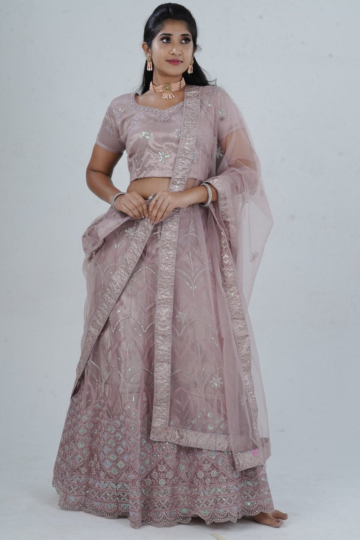 Designer Soft Net Lehenga with Embellished Crop Top - Indian Elegance LEHENGA JCS Fashions Mauve/onion Large (40)