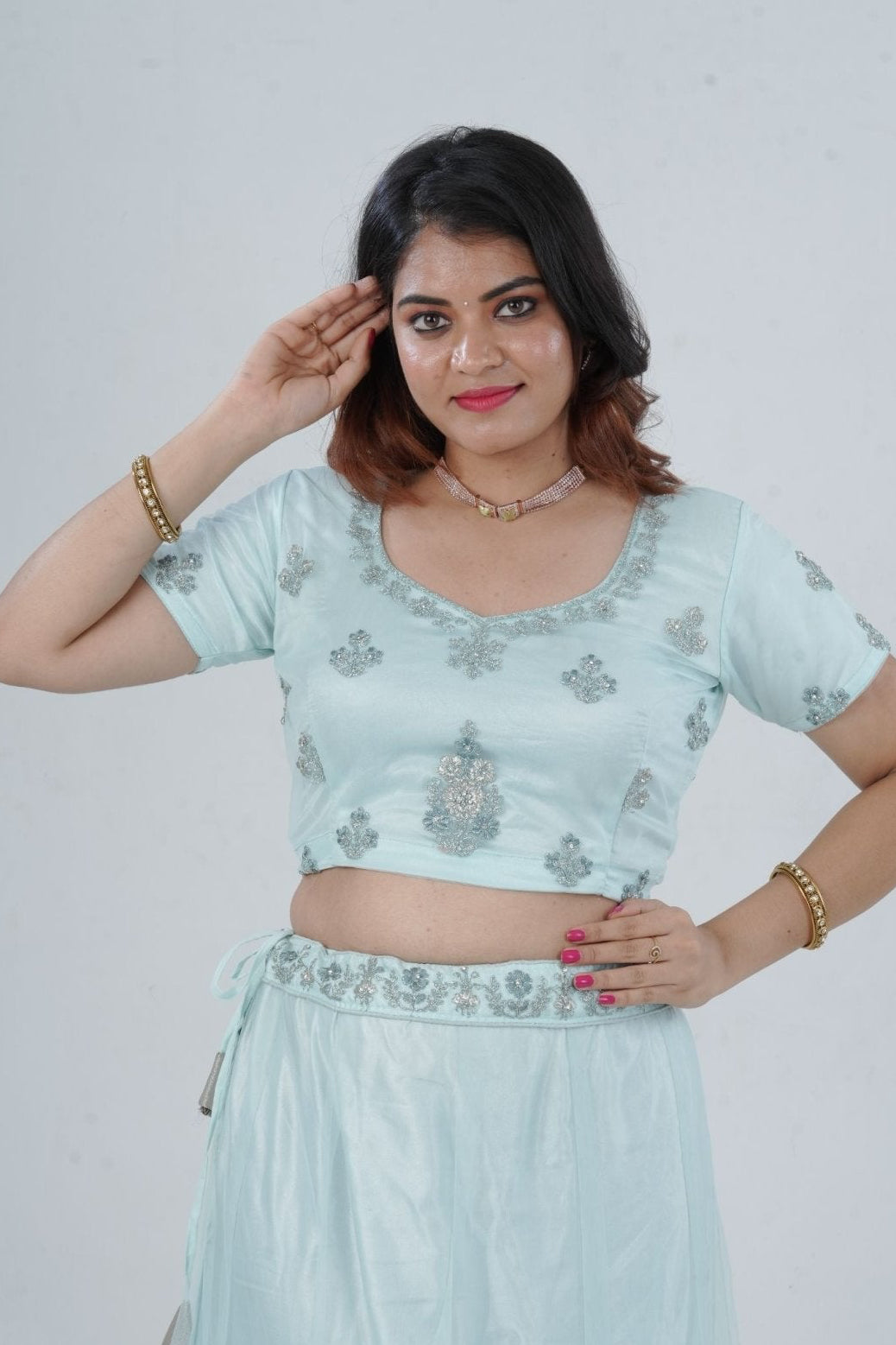 Designer Stone Work Lehenga & Crop Top Ensemble - Light Blue LEHENGA JCS Fashions