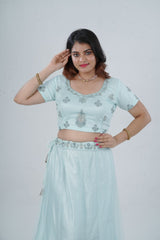 Designer Stone Work Lehenga & Crop Top Ensemble - Light Blue LEHENGA JCS Fashions