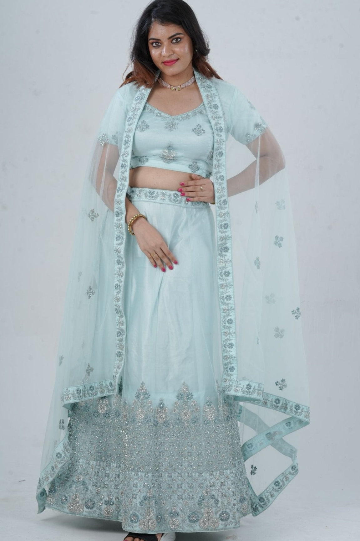 Designer Stone Work Lehenga & Crop Top Ensemble - Light Blue LEHENGA JCS Fashions