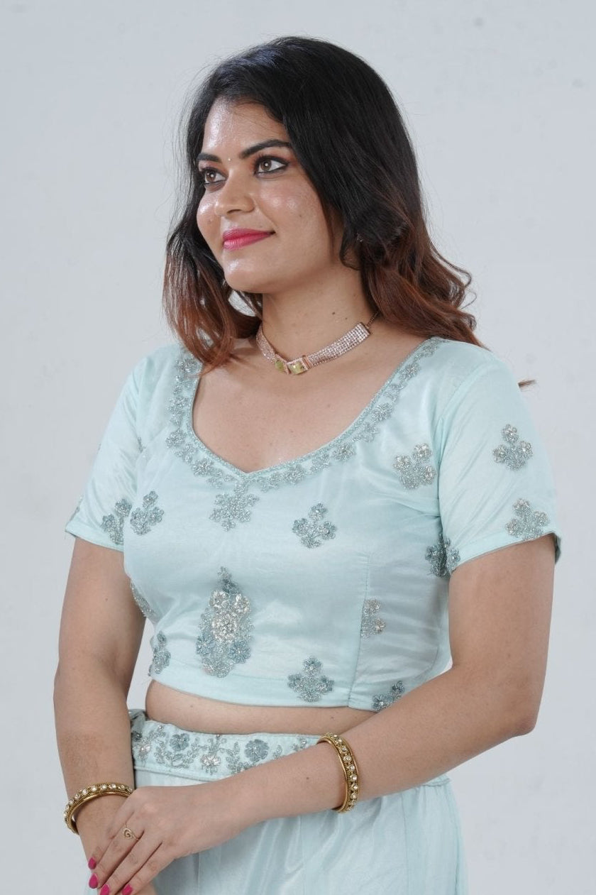 Designer Stone Work Lehenga & Crop Top Ensemble - Light Blue LEHENGA JCS Fashions