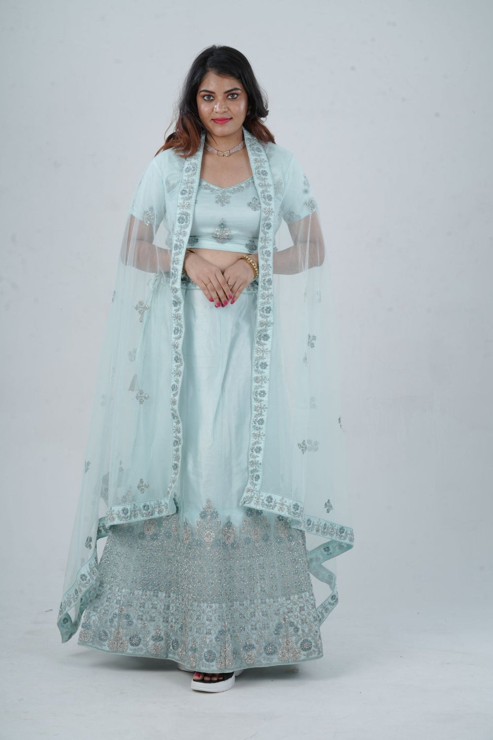 Designer Stone Work Lehenga & Crop Top Ensemble - Light Blue LEHENGA JCS Fashions Light Blue Large (40)