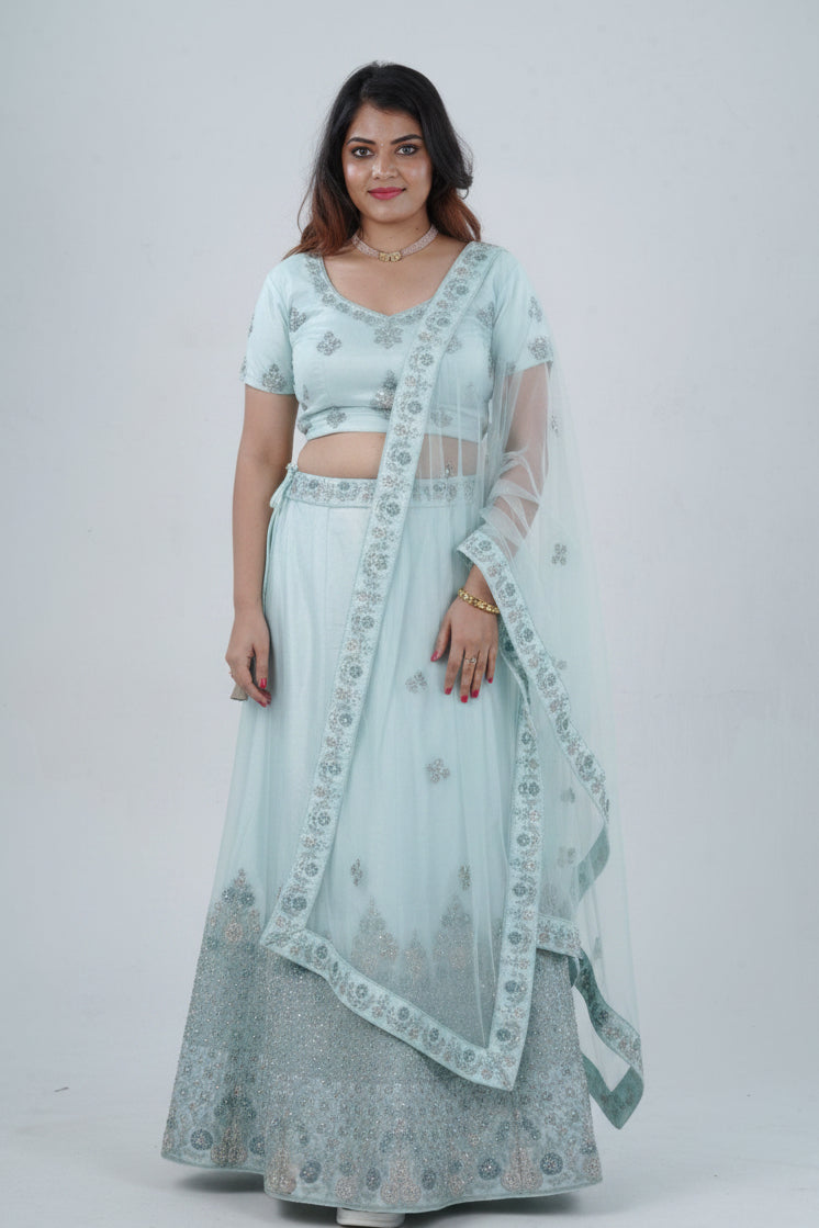 Designer Stone Work Lehenga & Crop Top Ensemble - Light Blue LEHENGA JCS Fashions Light Blue Large (40)