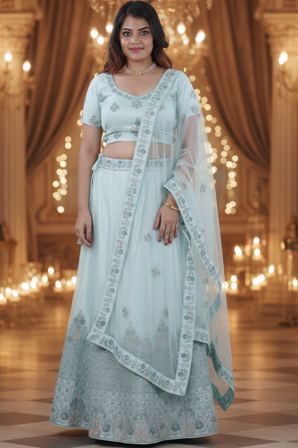 Blue Stone Work Lehenga & Crop Top Ensemble - Light