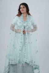Designer Stone Work Lehenga & Crop Top Ensemble - Light Blue LEHENGA JCS Fashions