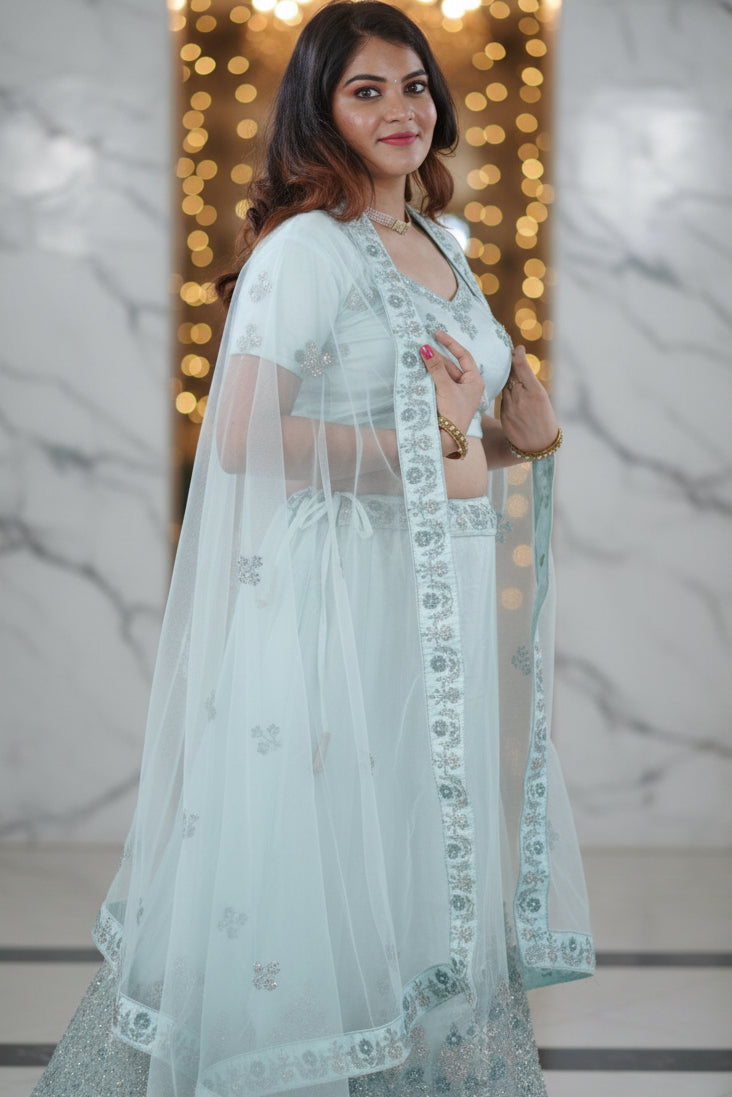 Designer Stone Work Lehenga & Crop Top Ensemble - Light Blue LEHENGA JCS Fashions