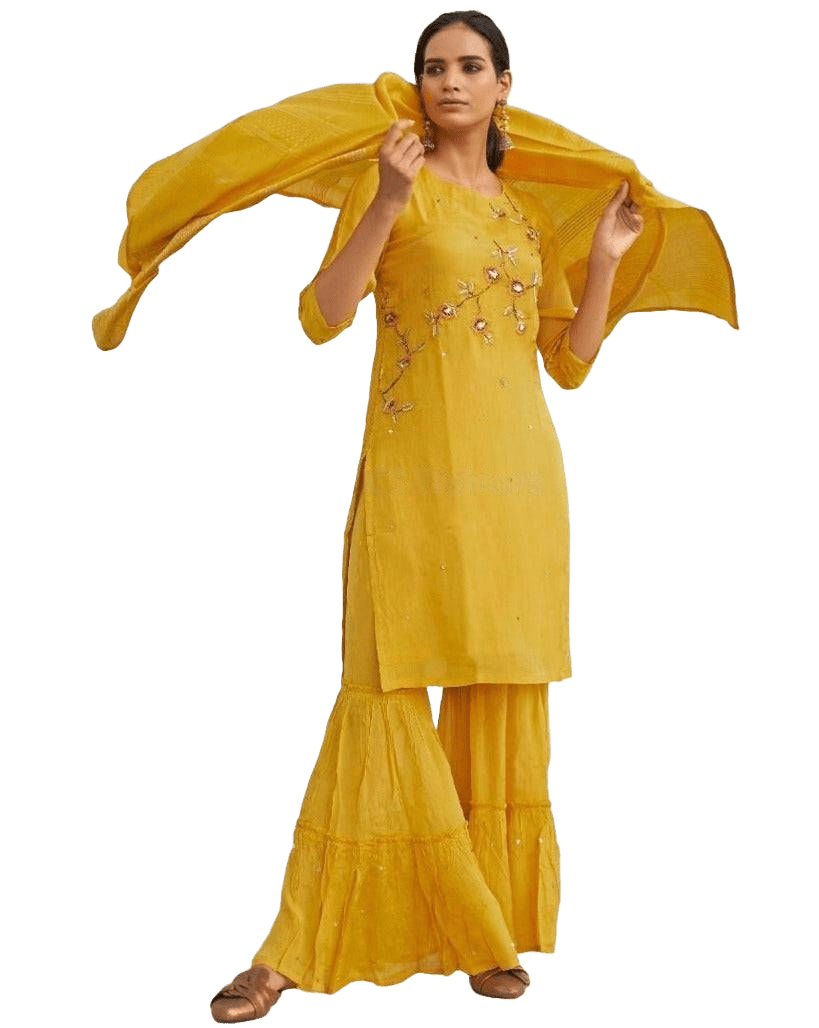 Viscose Silk Sharara Set with Exquisite Designer Khatli Handwork Kurti JCS Fashions Yellow Medium (38)