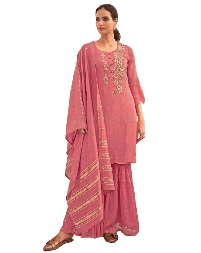 Luxury Viscose Silk Sharara with Handwork & Jacquard Dupatta Kurti JCS Fashions Pink Medium (38)
