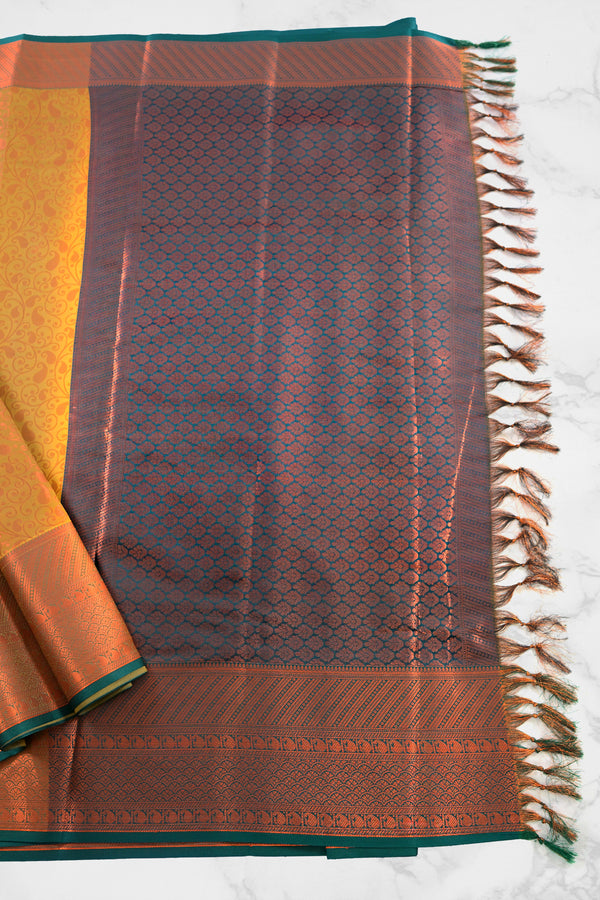 Golden Zari Semi Silk Saree with Grand Pallu & Mango Motifs with Shine