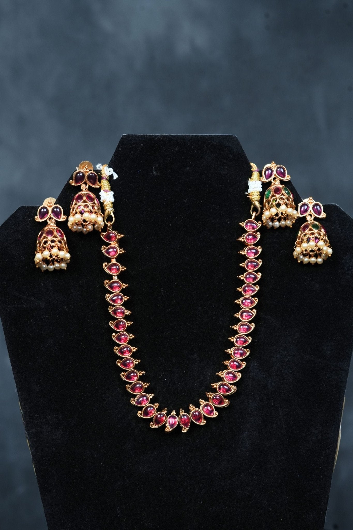 Dual Charm Delight: Matte Finish Neckset with Pink and Green Stones Jewelry JCS Fashions