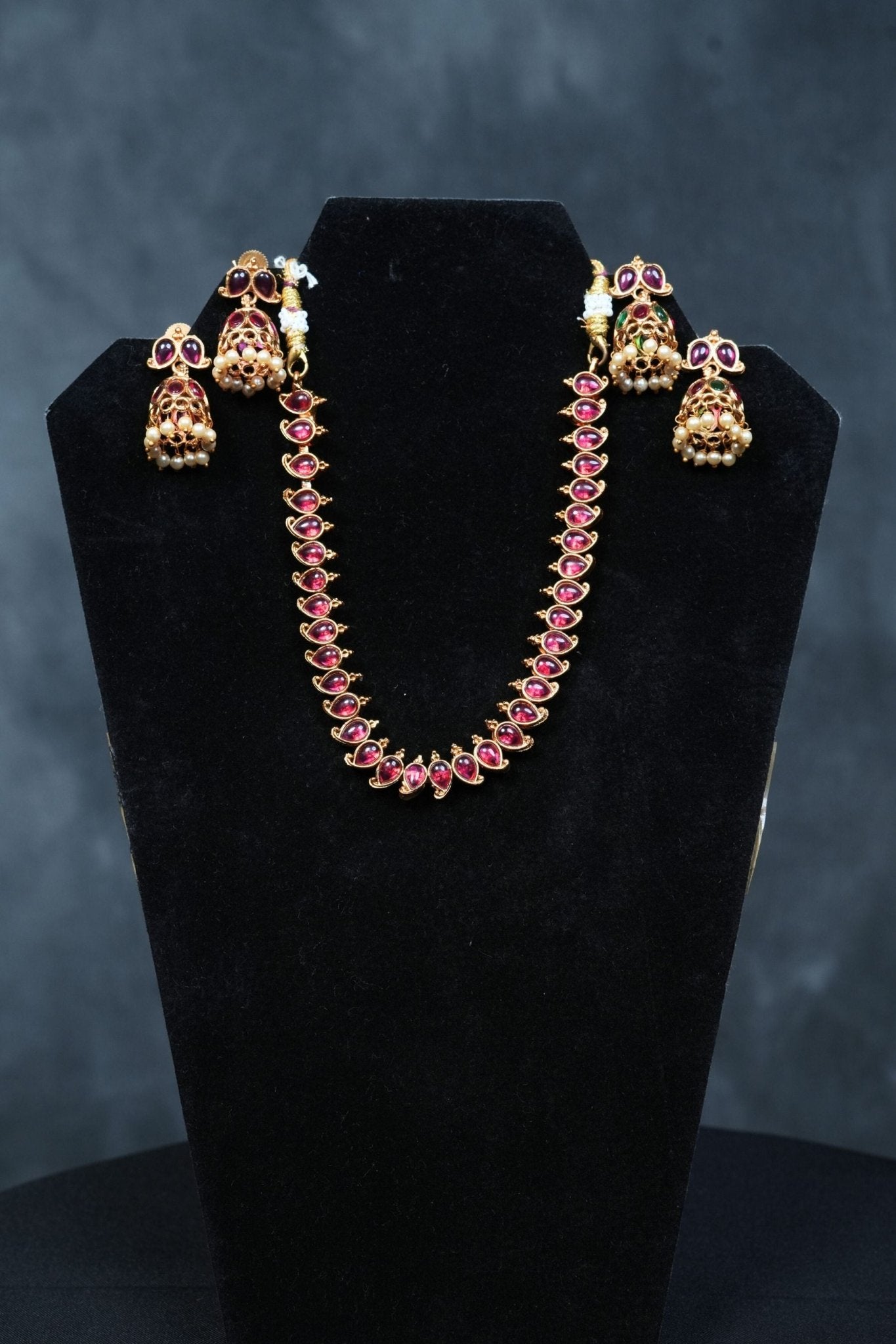 Dual Elegance: Matte Finish Neckset with Pink & Green Stones Jewelry JCS Fashions