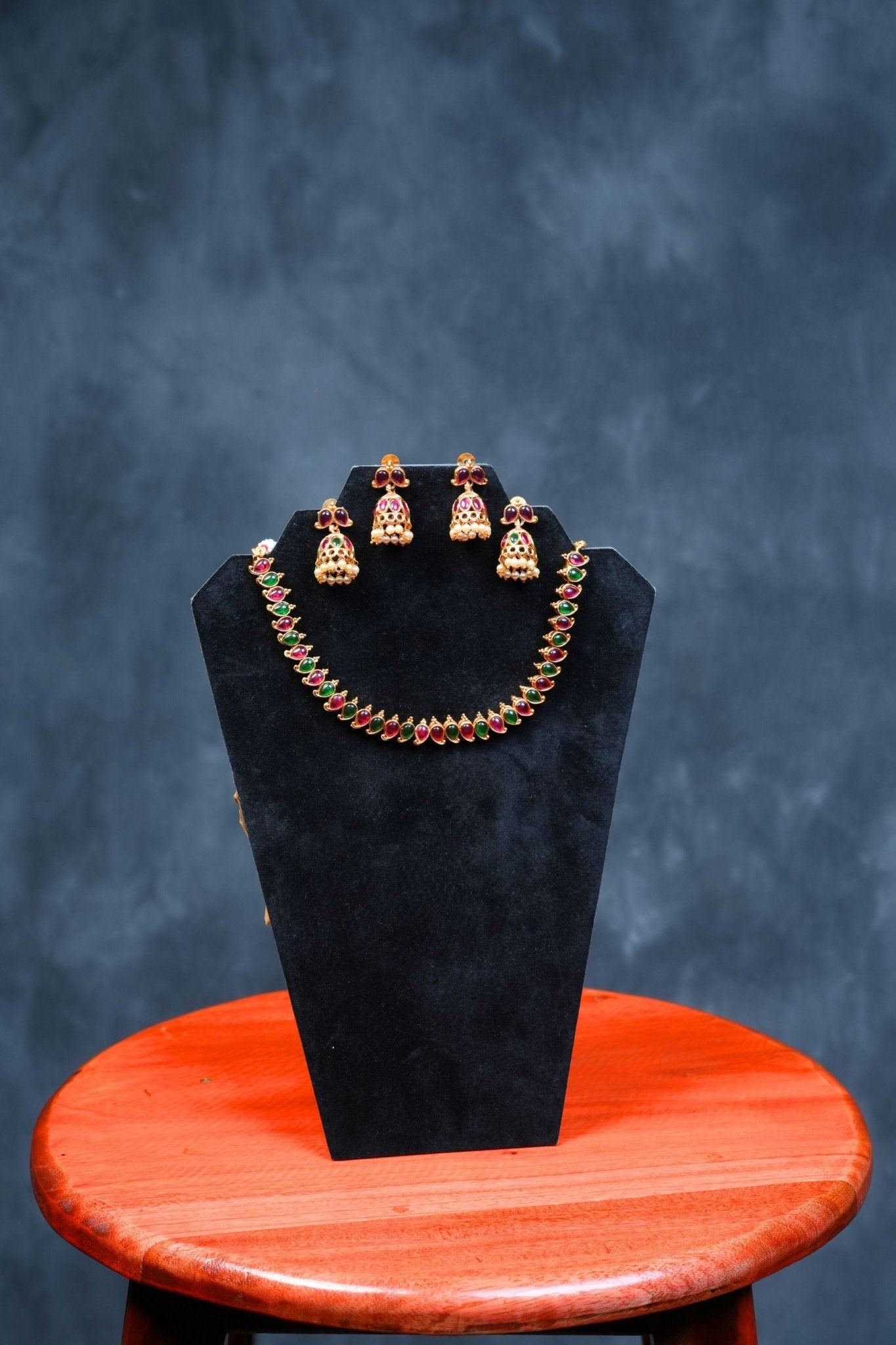 Dual Elegance: Matte Finish Neckset with Pink & Green Stones Jewelry JCS Fashions