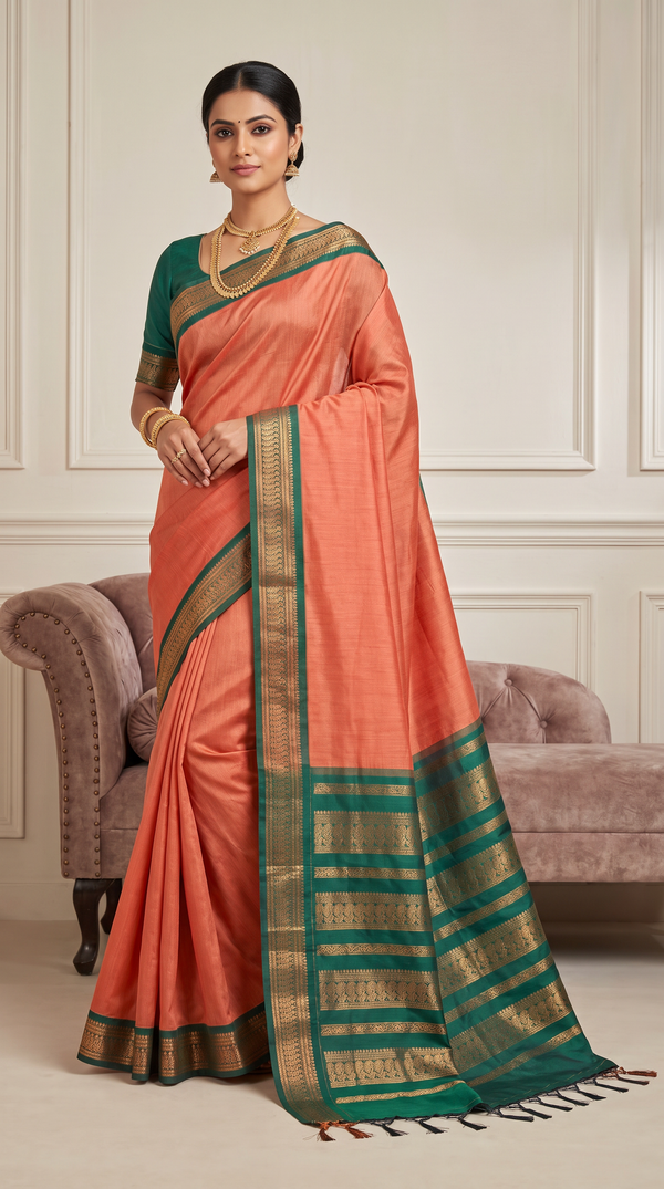Burnt Orange Kalyani Cotton Saree with Puthha Design and Zari Border and Blouse