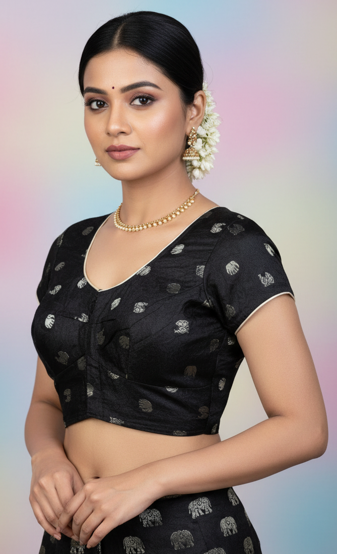 Black Brocade Blouse - Elephant Motifs, Designer