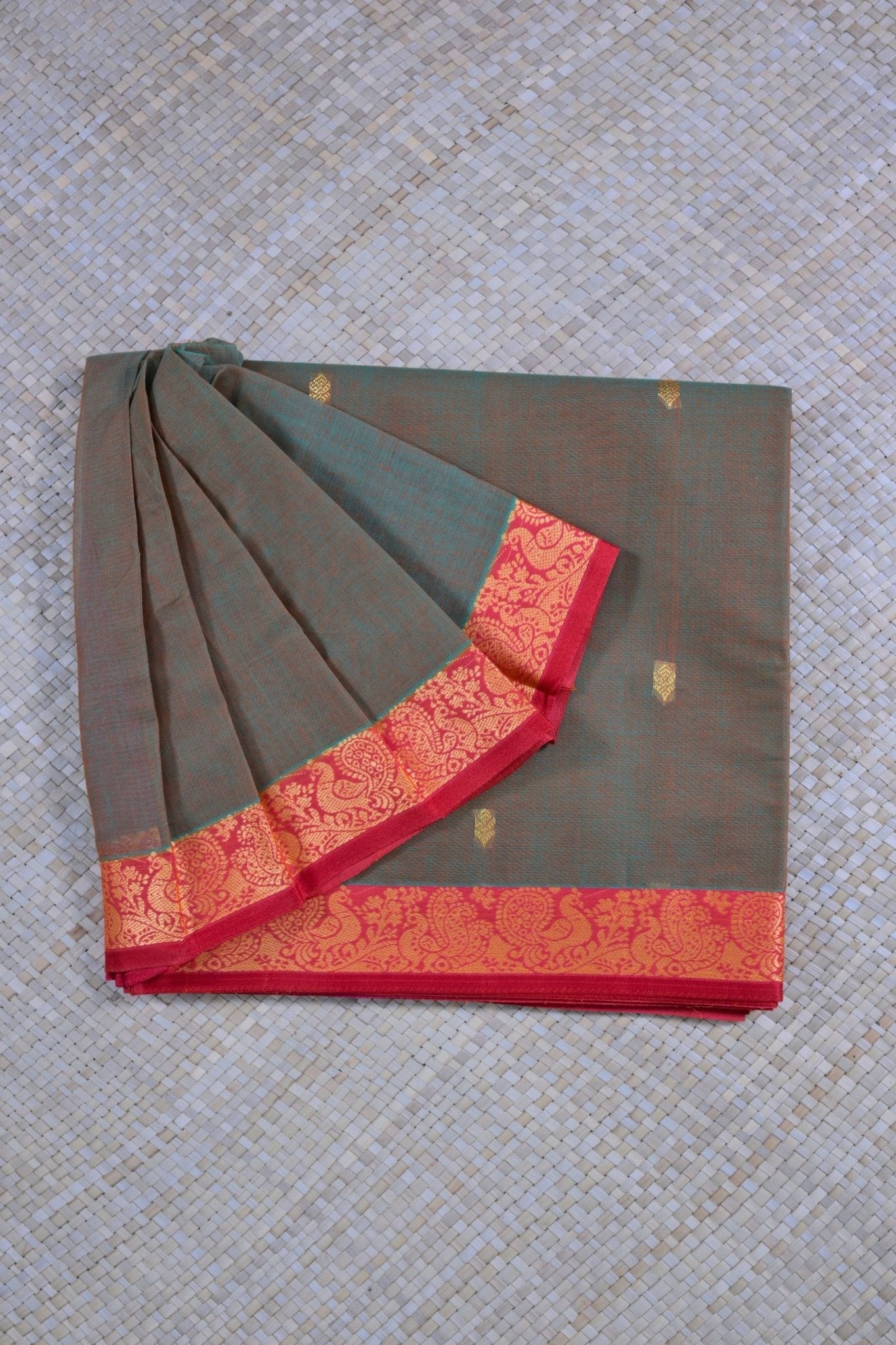 Elegant 100% Cotton Saree with Richly Woven Pallu - Indian Aesthetics Saree JCS Fashions Dual tone Green 5.5 meters