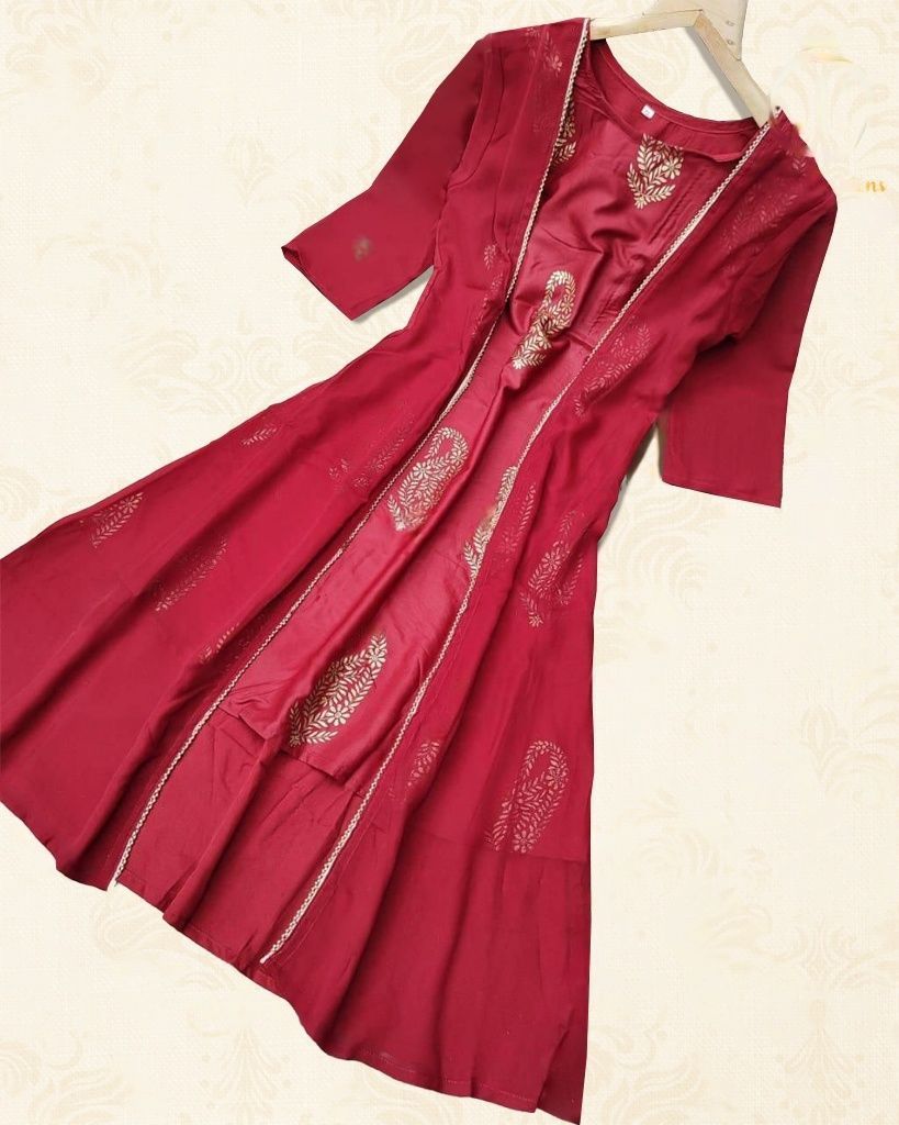 Chic Crepe Silk Kurti with Foil Print – Ideal for Casual Outings KURTI JCS Fashions Maroon Medium (38)