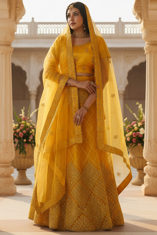 Mustard Yellow Lehenga with Embroidery and Sequins