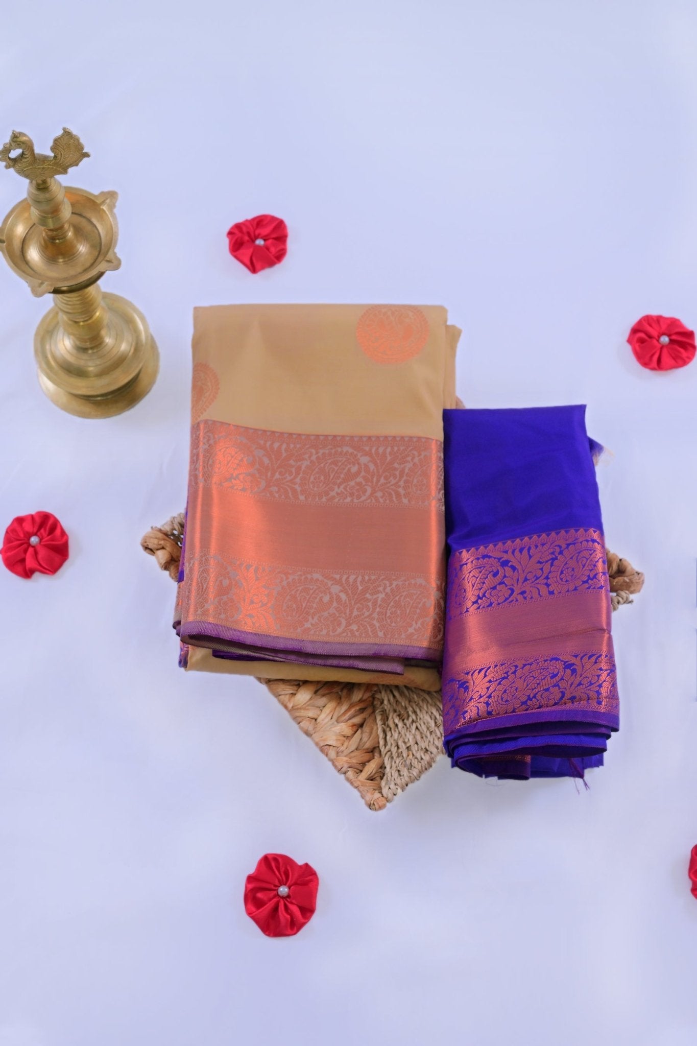 Elegant Dual-Border Saree with Copper Zari and Peacock Motifs Saree JCS Fashions Sand Color 5.5 Meters