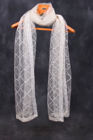 White Embroidered Sequined Net Dupatta