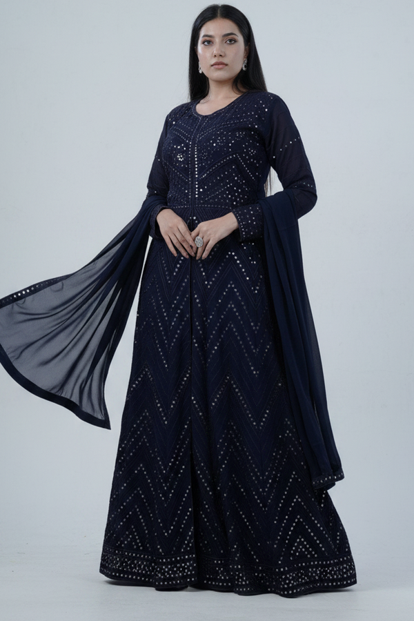 Navy Floor-Length Gown with Embroidery & Sequins