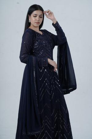Navy Floor-Length Gown with Embroidery & Sequins